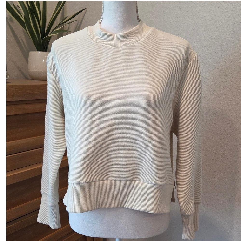 Varley Sweatshirt Neutral Ribbed Mock Neck Side Zip Ivory Athleisure Preppy XS